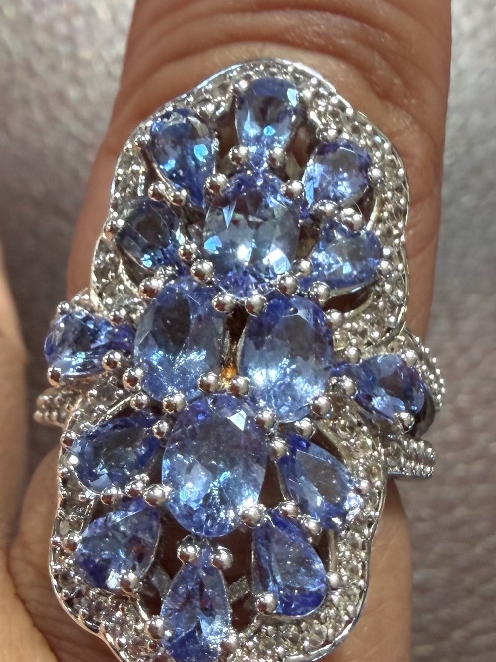 New Sterling Silver Tanzanite & White Topaz Statement Ring, Size 7